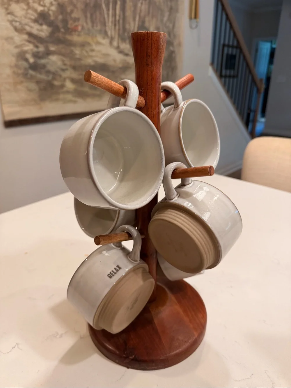 Hearth & Hand Cream Stoneware Mug Set with Wooden Tree